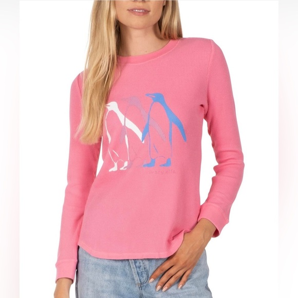 NWT ivory ella Penguin Parade Pink Long Sleeve Waffle Tee Women Small Cotton - Picture 1 of 7